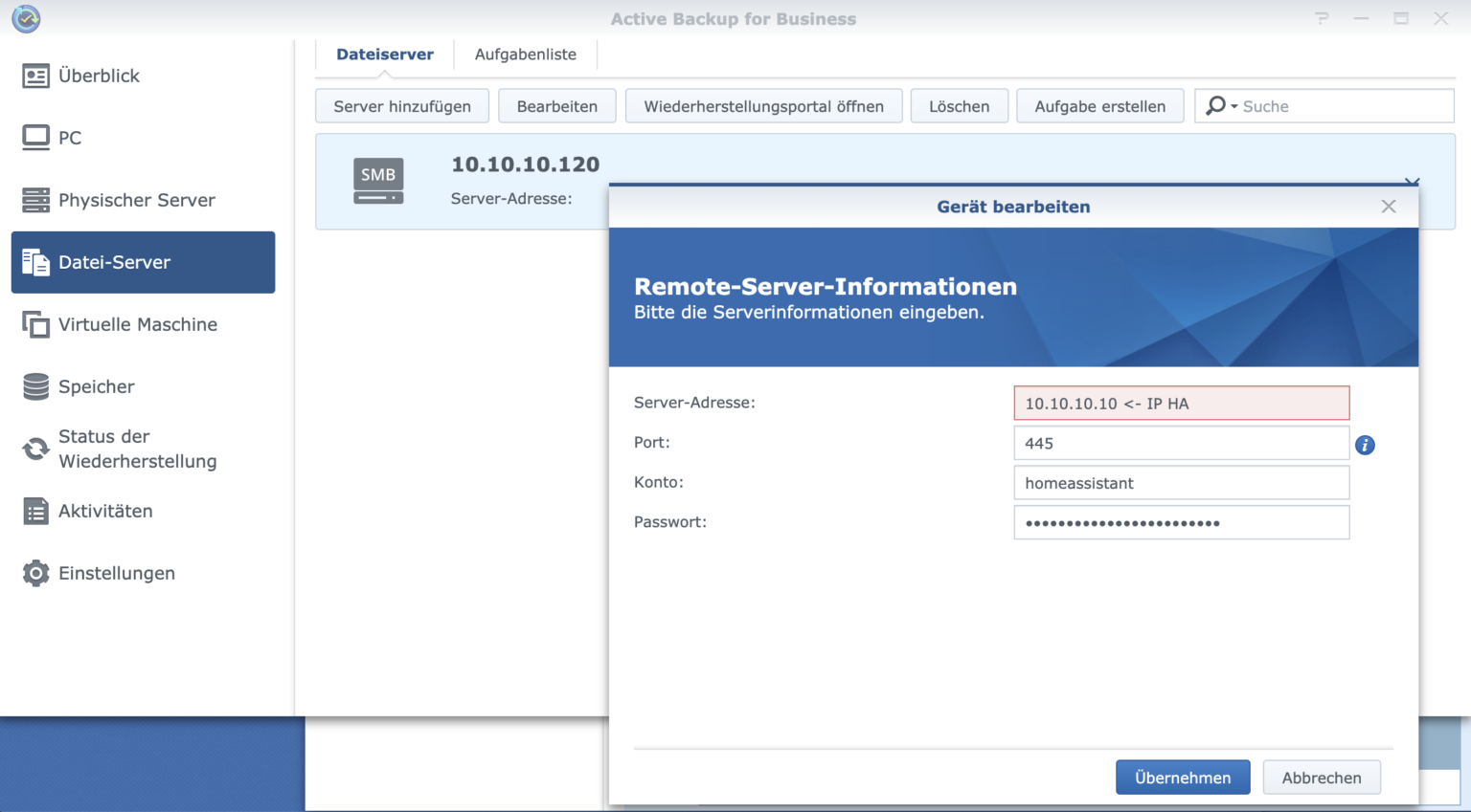 Home Assistant Backup auf der Synology NAS